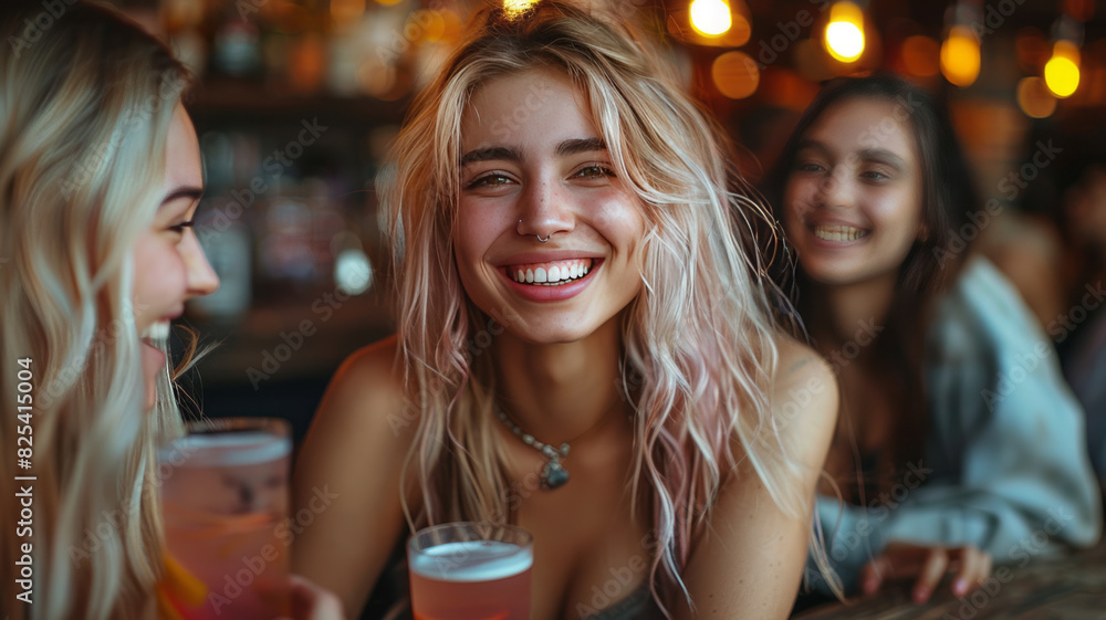 a group of smiling and laughing girls drinking cocktails and playing a boardgame in an industrial bar,generative ai
