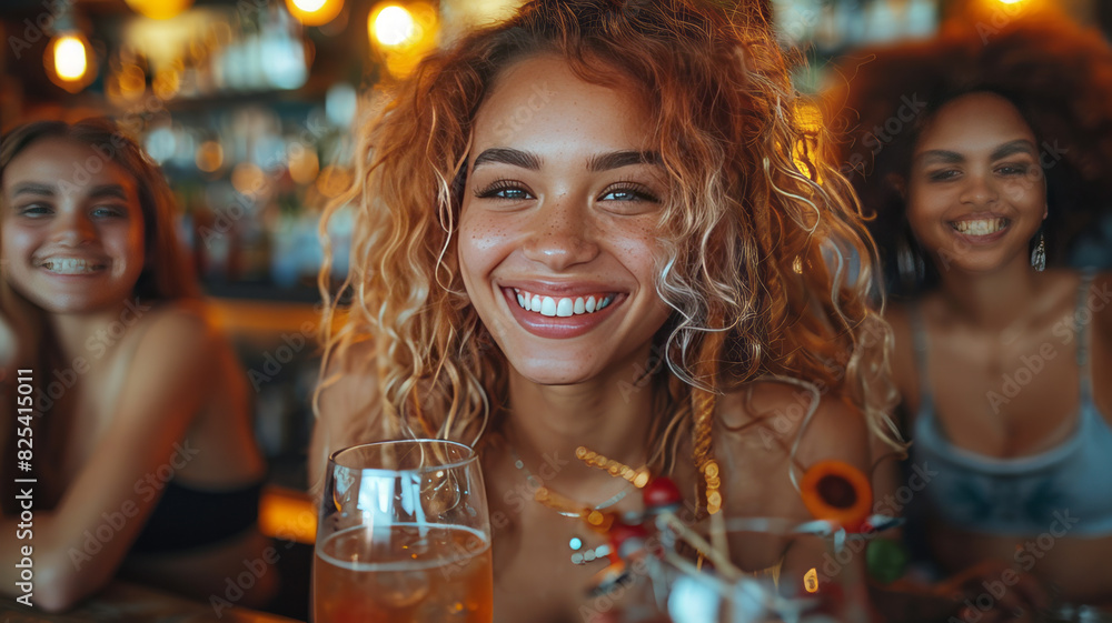 a group of smiling and laughing girls drinking cocktails and playing a boardgame in an industrial bar,generative ai a group of smiling and laughing girls drinking cocktails and playing a boardgame in an industrial bar,generative ai
