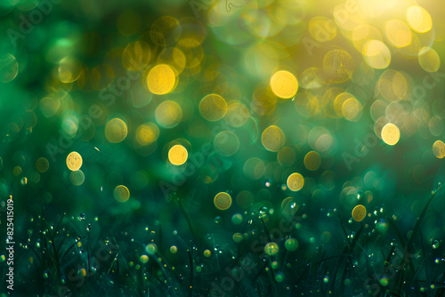  Abstract blur bokeh banner background. Gold bokeh on defocused emerald green background