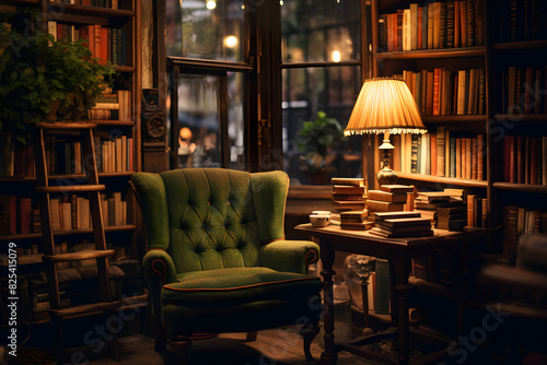 Charming corner in a vintage bookstore with stacks of old books, antique furniture, and cozy reading nooks. Soft lighting  Generative Ai,