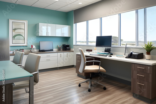 Contemporary healthcare administrator's office with a clean, hygienic design, modern medical charts, and calming colors.   Generative Ai,