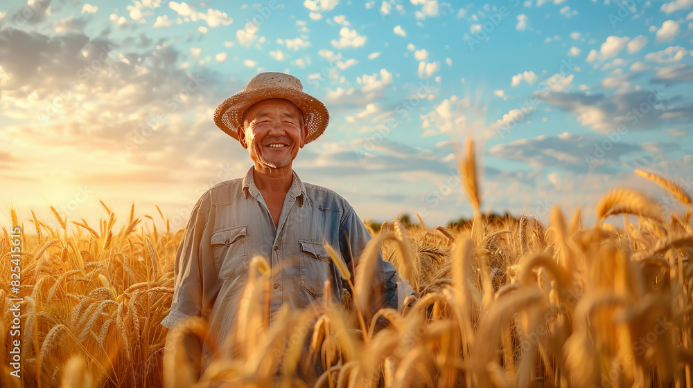 Asian farmer stands in a golden wheat field with a smile on his face,generative ai Asian farmer stands in a golden wheat field with a smile on his face,generative ai
