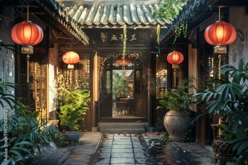 Traditional chinese courtyard adorned with red lanterns and lush greenery during the serene evening © anatolir