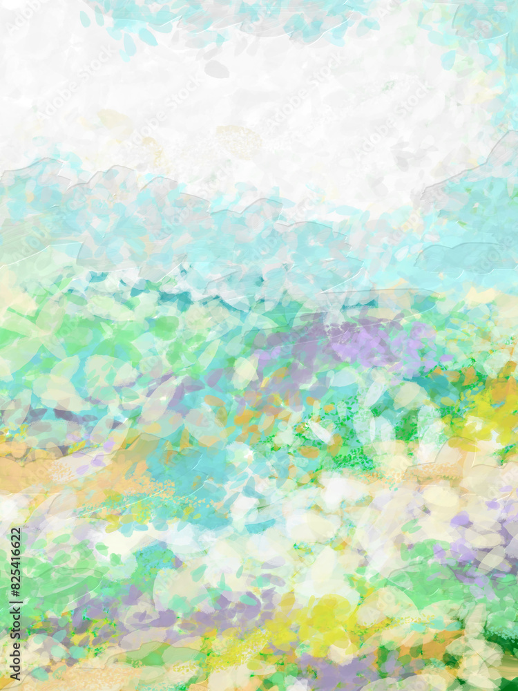 WHIMSICAL SPRING IN BLOOM - Impressionistic Digital Painting or Illustration of colorful flowers in Bloom in a Meadow with a Cloud Overhead - Art, Design, Artwork, Illustration, Painting 