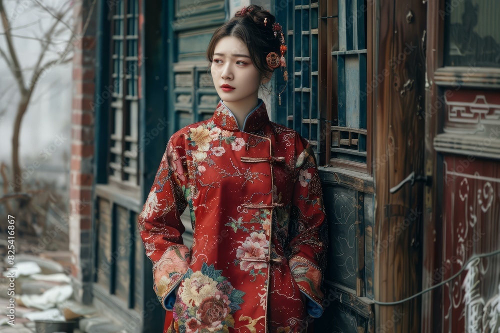 Young woman in ornate, red chinese dress poses gracefully near a vintage building