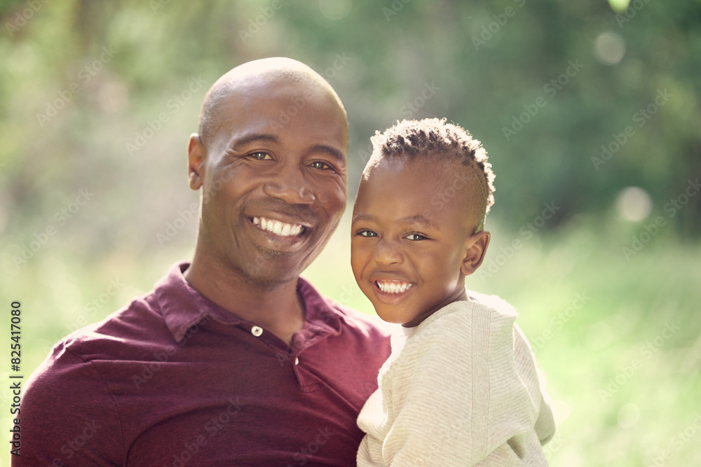 Father, son and portrait in nature for love, affection and support in outdoor garden to connect. Black family, happy and embrace for safety in childhood, travel and peace on vacation in countryside Father, son and portrait in nature for love, affection and support in outdoor garden to connect. Black family, happy and embrace for safety in childhood, travel and peace on vacation in countryside