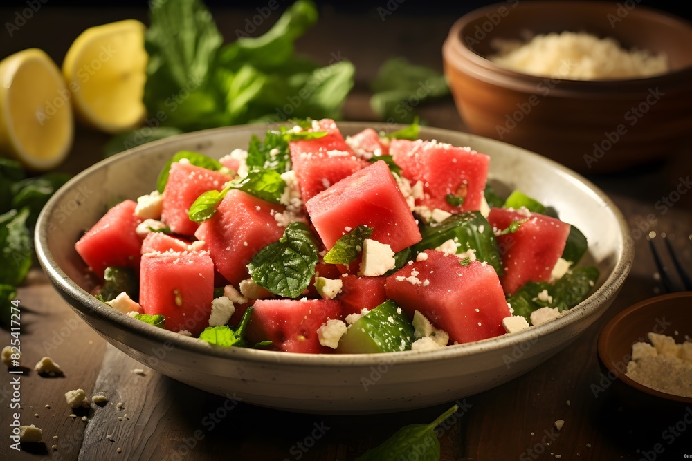 Fresh watermelon and feta salad with arugula and mint. Fresh watermelon and feta salad with arugula and mint.