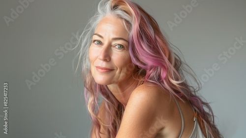 Modern woman 60 years old with a smile on her face  with pink and white strands of hair  long wavy hair in a light gray dress on a plain gray background. Modern stylish old age