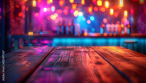 Empty wooden table with neon light bokeh background  night view  blurred bokeh lights background 