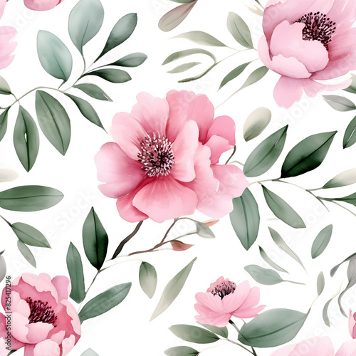 Watercolor Seamless Pattern With Luxury Pink Flowers, Leaves and Branches, for Modern Home Decor, Textiles, Wrapping Paper, Wallpaper, Fabric Print, Greeting Cards, Invitation Card, Wall Sticker