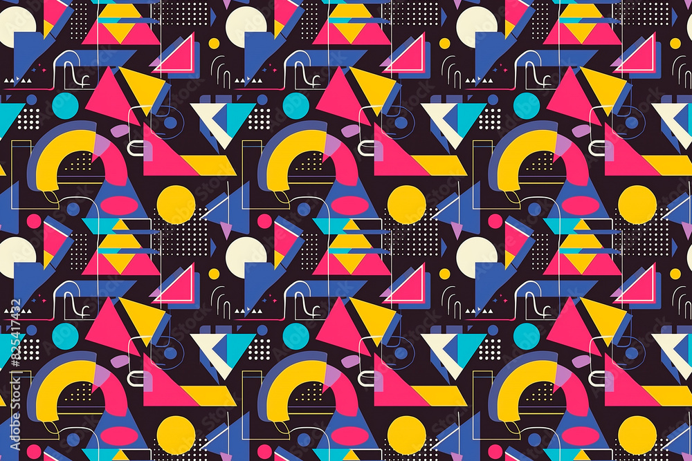 Obraz premium Bold geometric seamless pattern with vibrant shapes and colors, including triangles, circles, and lines, creating a modern and abstract decoration tile