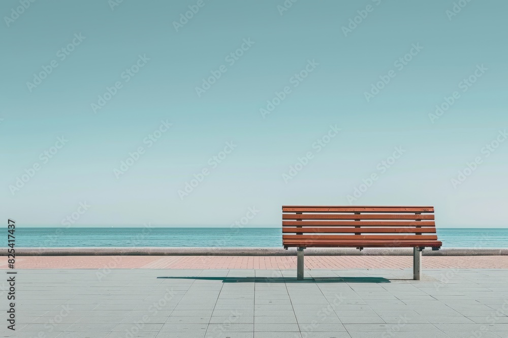empty bench against the background of blue sky and sea.  space for creative text