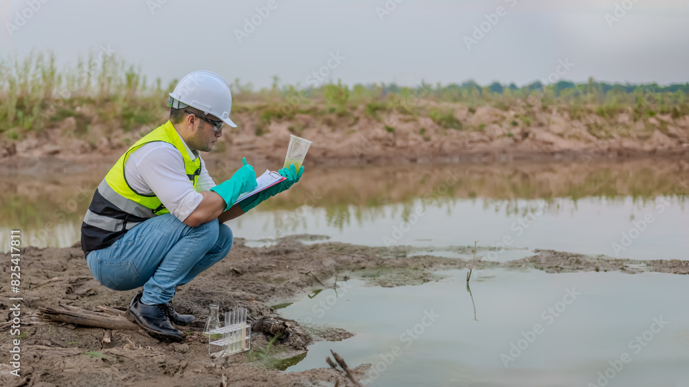 Environmental engineer Sit down next to a well while holding the plastic glass in his left hand and take a note the result of analysing check the quality and contaminants in the water source. Environmental engineer Sit down next to a well while holding the plastic glass in his left hand and take a note the result of analysing check the quality and contaminants in the water source.