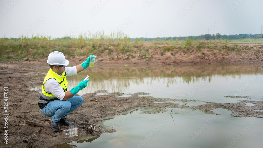 Environmental engineer Sit down next to a well while holding the plastic glass that fill with the water sample and check water quality and contaminants in the water source. Environmental engineer Sit down next to a well while holding the plastic glass that fill with the water sample and check water quality and contaminants in the water source.