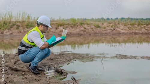 Canvas Print Environmental engineer Sit down next to a well while holding the plastic glass in his left hand and take a note the result of analysing check the quality and contaminants in the water source