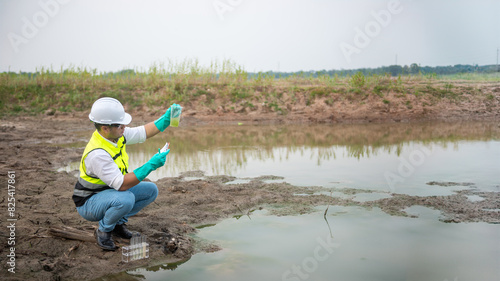 Environmental engineer Sit down next to a well while holding the plastic glass that fill with the water sample and check water quality and contaminants in the water source.
