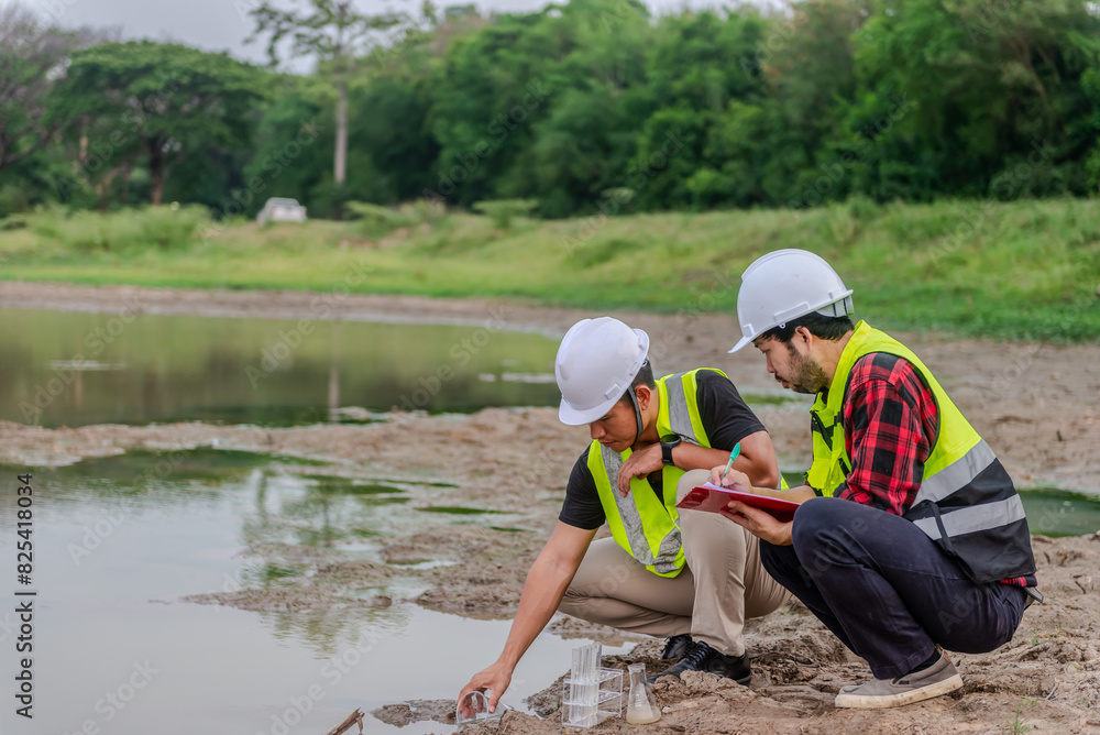 Two of environmental engineer Sit down next to a well try to scoop the water sample in a well and check water quality and contaminants in the water source. Two of environmental engineer Sit down next to a well try to scoop the water sample in a well and check water quality and contaminants in the water source.