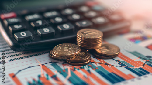 Uma calculadora e moedas sobre documentos financeiros com gráficos do mercado de ações em segundo plano photo