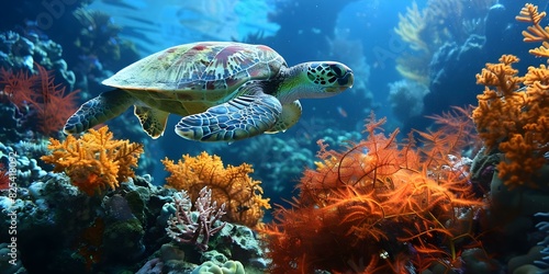 Green sea turtle swimming among colorful coral reef in the Red Sea. Concept Underwater Photography, Marine Life, Coral Reefs, Red Sea, Sea Turtles