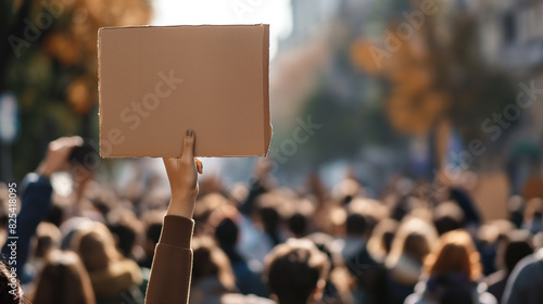 Uma pessoa segurando uma placa de papelão vazia na frente de uma multidão photo