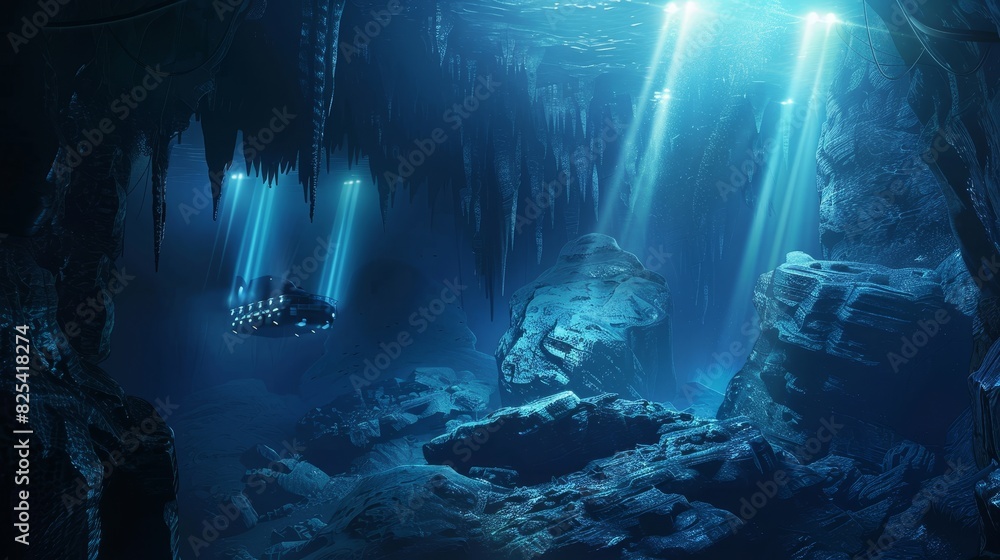 A deep-sea exploration scene with a submersible shining lights on a mysterious underwater cave and its ancient rock formations.