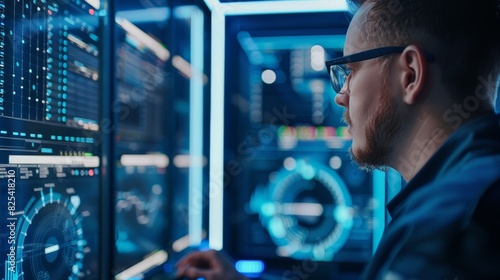A cybersecurity expert in a server room analyzing a firewall interface on a computer screen to prevent data breaches. photo