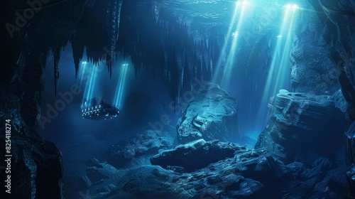 A deep-sea exploration scene with a submersible shining lights on a mysterious underwater cave and its ancient rock formations.