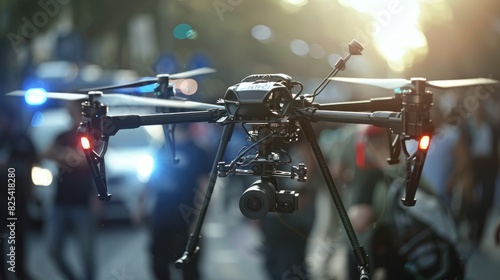 A demonstration of a police drone equipped with cameras and night vision for surveillance and crowd monitoring. photo