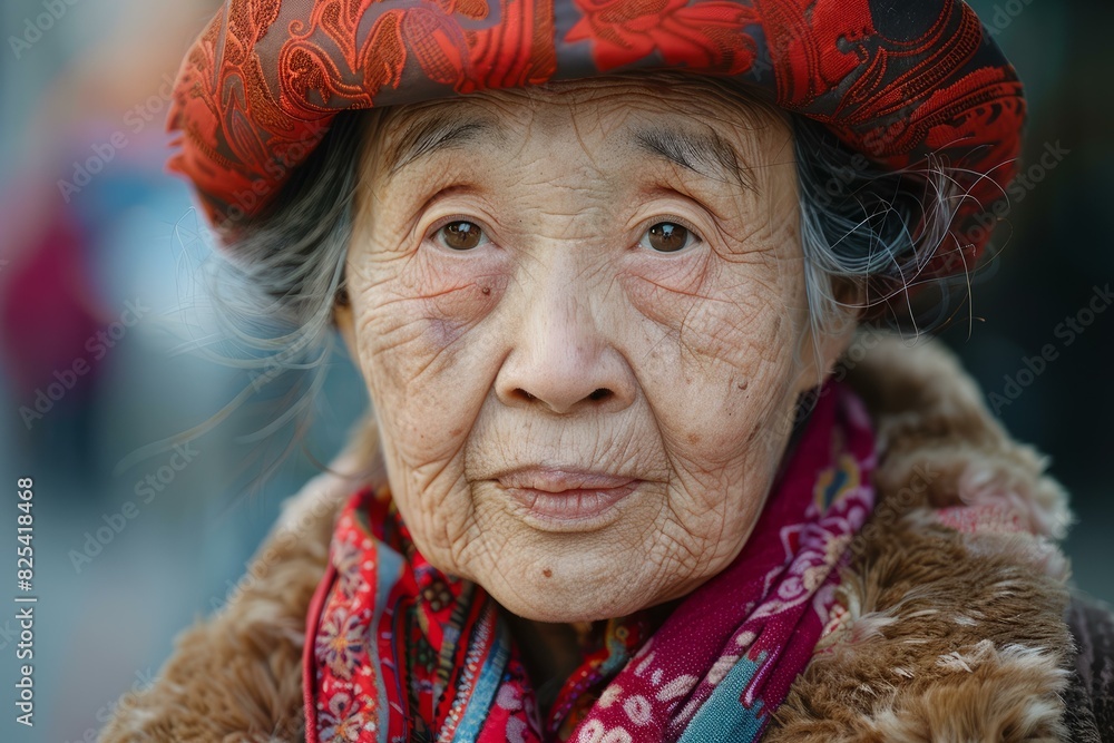 Closeup of a senior asian woman's face with a cultural headscarf and a warm expression Closeup of a senior asian woman's face with a cultural headscarf and a warm expression