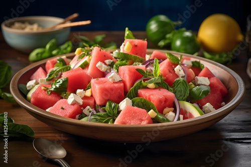 Fresh watermelon and feta salad with arugula and mint.