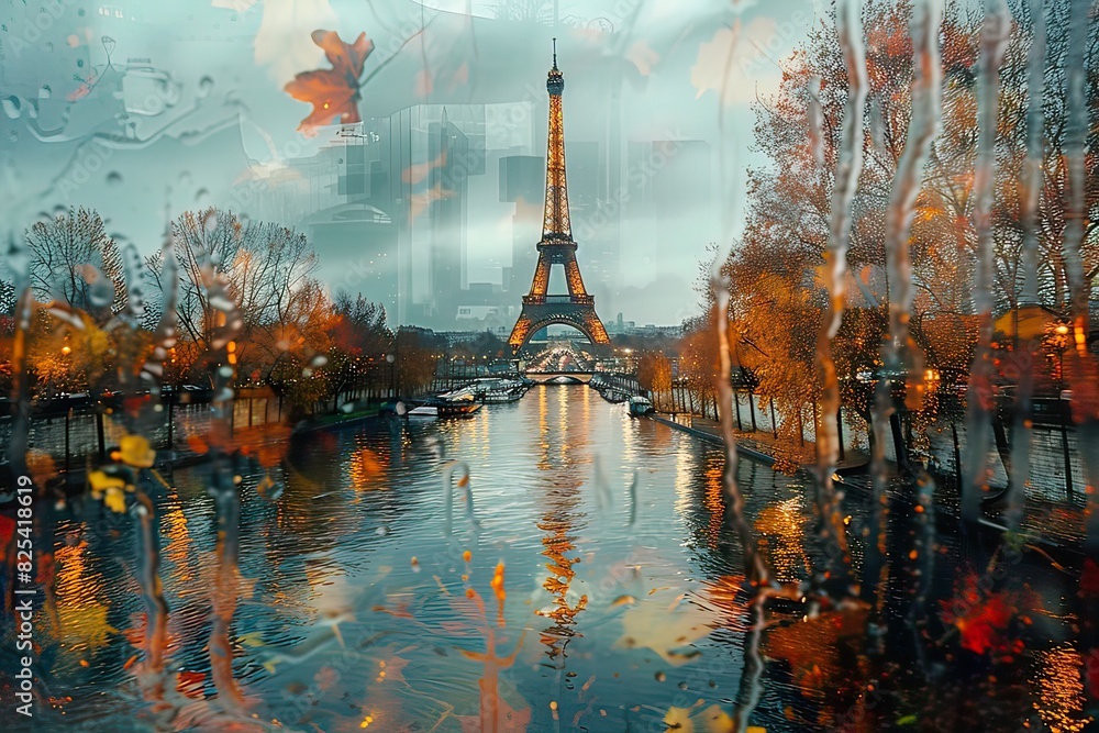 Eiffel Tower in Paris France Double exposure