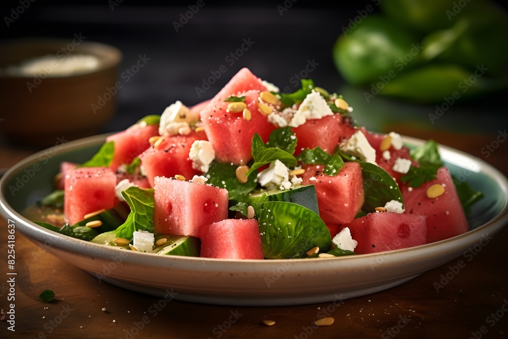 Fresh watermelon and feta salad with arugula and mint. Fresh watermelon and feta salad with arugula and mint.