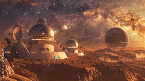 Depiction of a futuristic space observatory on Mars with city and landscape photo