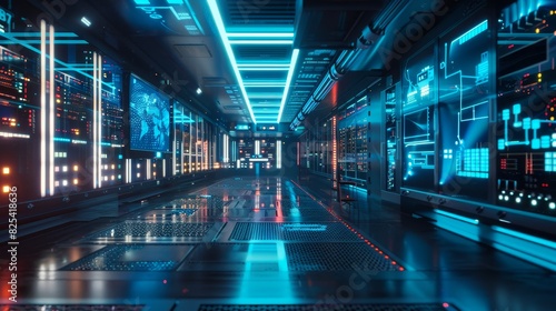 A futuristic server room with holographic data displays and virtual reality interfaces for next-generation cybersecurity.