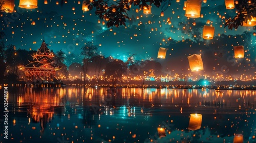 A lantern festival with thousands of illuminated lanterns floating in the sky, creating a magical atmosphere at night. photo