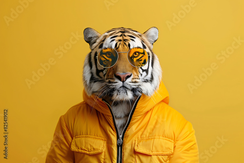 A tiger wearing sunglasses and a yellow jacket