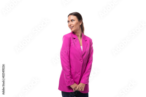 young brunette secretary woman wearing pink jacket smiling on white background with copy space