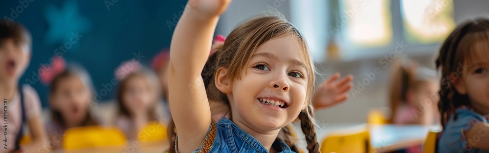 Group of cheerful children raising their hands in a classroom, actively participating and enjoying a lesson together. Group of cheerful children raising their hands in a classroom, actively participating and enjoying a lesson together.