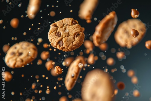 Chocolate chip cookies in midair with flying crumbs and caramel splashes on a dark background photo