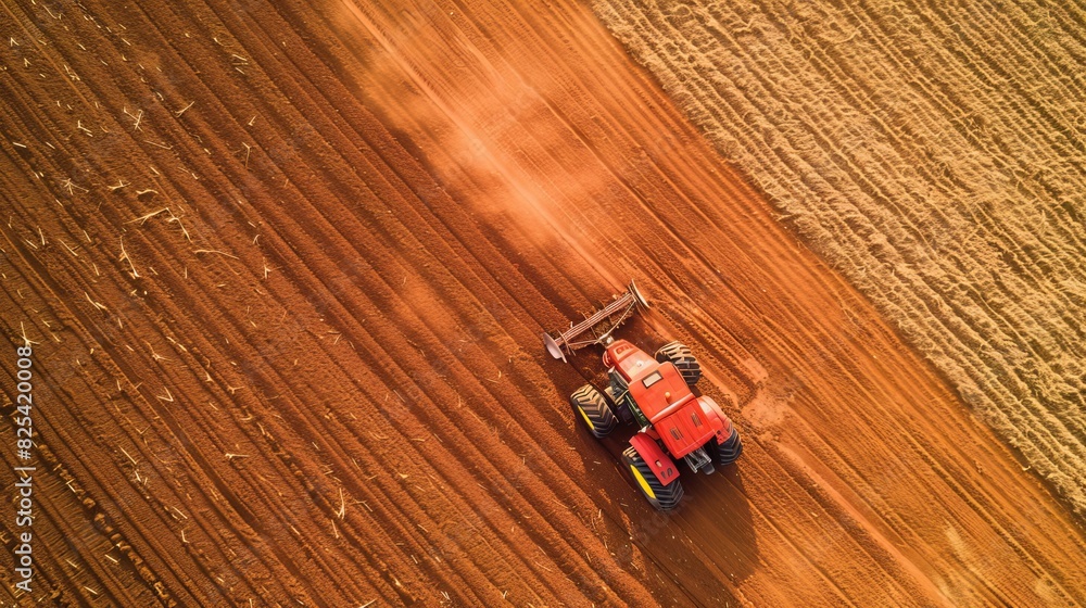 An aerial view of a large agricultural field being plowed by a tractor, demonstrating soil preparation and planting tools. An aerial view of a large agricultural field being plowed by a tractor, demonstrating soil preparation and planting tools.
