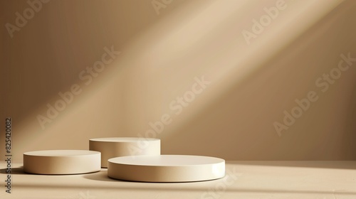 Three Minimalist Beige Toned Round Podiums for Product Presentation on Empty Background. Ideal for E-commerce and Advertising Displays  Showcasing Minimalist Style and Elegance.