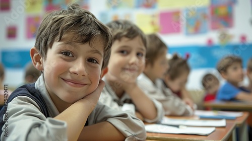 Happy schoolchildren in a classroom, smiling at the camera, showcasing a cheerful and engaging learning environment.
