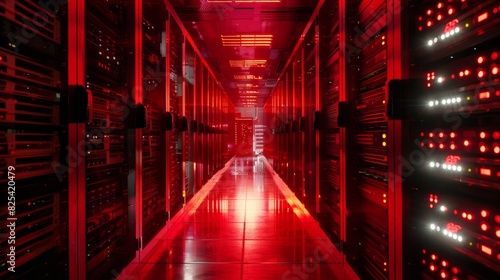 An emergency scenario in a server room with red warning lights flashing, indicating a system failure or cyber attack.