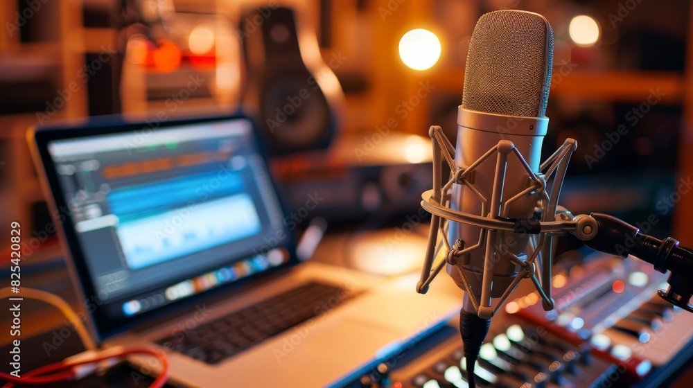 Modern podcasting setup featuring a high-quality condenser microphone, headphones, and a laptop in a home studio. Modern podcasting setup featuring a high-quality condenser microphone, headphones, and a laptop in a home studio.