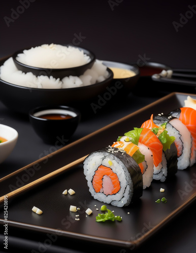 Sushi photo. Nigiri and maki set. Japanese seafood. Japan traditional gourmet. Restaurant menu. Food photography.