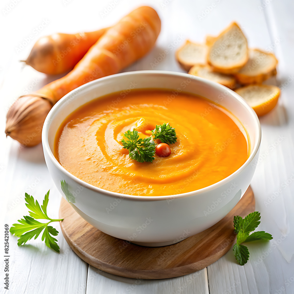 A bowl of carrot puree soup on the table against a background of vegetables. A bowl of carrot puree soup on the table against a background of vegetables.