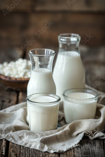 A collection of milk containers including a glass bottle  pitcher  and glasses on a rustic wooden table with a beige cloth  highlighting the diversity of dairy presentation  world milk day