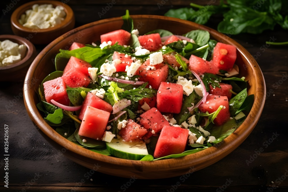 Fresh watermelon and feta salad with arugula and mint. Fresh watermelon and feta salad with arugula and mint.
