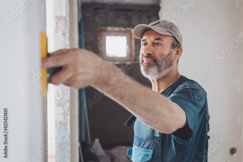 Man plastering the walls with finishing putty in the room with putty knife or spatula. Repair work, decoration building concept, construction. photo