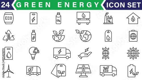 Green energy icon set. Collection of renewable energy, ecology and green electricity icons. Vector illustration